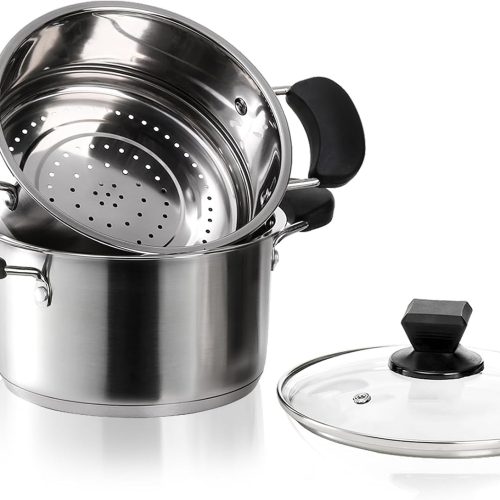 ZENFUN 1.8 Quart Stainless Steel Steamer Pot with Basket, Stock Pot with Glass Lid, Mini Steaming Pot Cookware with Handle, Metal Cooking Steamer for Vegetable, Stews, Pasta, Sauce, Individual-use