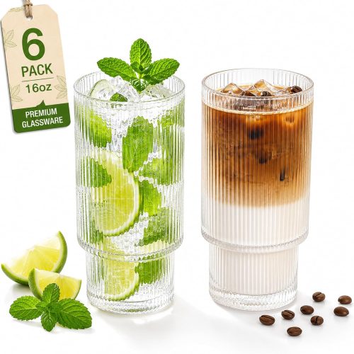 Qipecedm® 6 Pack Ribbed Drinking Glasses, 16 oz Vintage Glass Cups, Highball Glasses, Premium Iced Coffee Glasses, Clear Glass Tumbler, Cocktail Glasses, Elegant Glassware for Water Juice Whiskey Beer