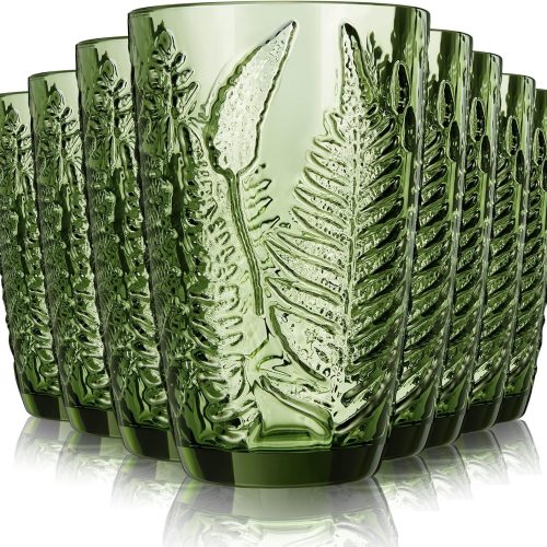 CTD-GR-885GK_1 Reallnaive 12 oz Green Drinking Glasses Set of 8, Vintage Glassware for Water Juice Iced Coffee Cocktail, Colored Drinkware Embossed Fern Ribbed Pattern for Party Home Bar Wedding (Highball)