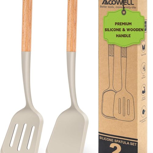 Pack of 2 Silicone Spatula Set with Elegant Wooden Handle, Heat Resistant Solid & Slotted Turner for Non Stick Pans, Great Kitchen Spatulas, Cooking Utensils for Sautéing, Frying and Flipping