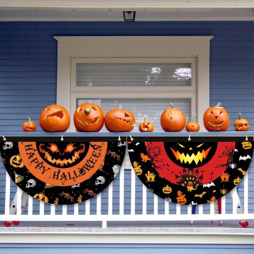 2 Pcs Happy Halloween Fan Flag Banner, Monster Eyes Yard Fence Wall Hanging Bunting Flag - Indoor/Outdoor Decoration, 1.5x3 Ft