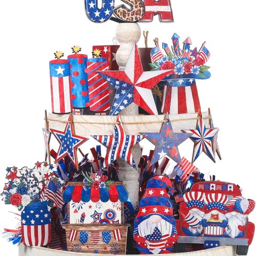 Amyhill 14 Pcs 4th of July Tiered Tray Decor Red White Blue Patriotic Decorations American Flag USA Flag Table Decor for Independence Day 250th Anniversary Farmhouse Centerpieces