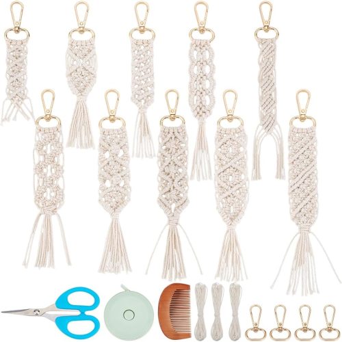 ACRNIGHEET 10PCS DIY Macrame Wristlet Keychain Kit for Adults Beginners Boho Macrame Wristlet with Tassel Craft Kit Gift Keychain Making Kit for Adult Purse Phone Includes Instruction