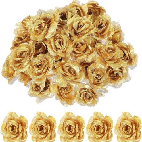Gold Roses Artificial Flowers, 30 Pcs Fake Silk Gold Flowers Real Looking