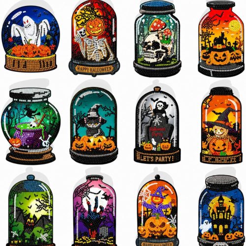 Saillong 12 Pack Halloween Diamond Painting Greeting Card Kits DIY Halloween Diamond Art Cards with Envelopes Bat Black Cat Pumpkin 5D Rhinestones Painting Kit for Adults DIY Craft Family Friend Gifts