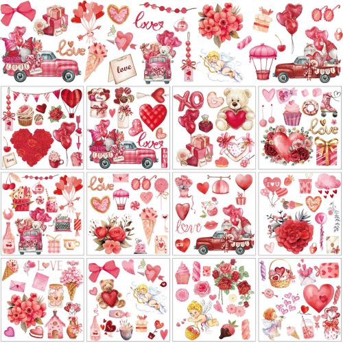 Whaline 12 Sheet Valentine's Day Rub on Transfer for Crafts Watercolor Heart Love Rose Truck Rub on Transfer Furniture Stickers Decals for DIY Crafts Home Office School Decor, 5.5 x 5.5 Inch