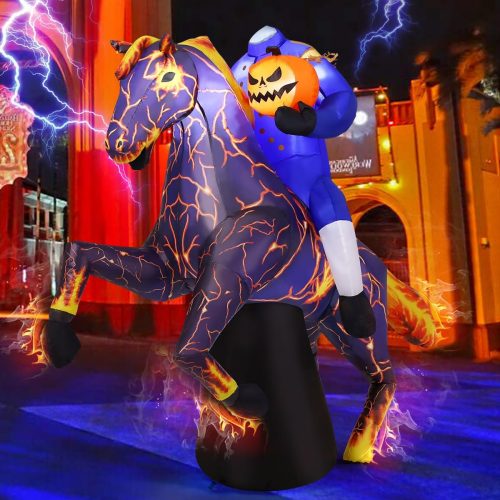 COMIN 6FT Long Halloween Inflatables Headless Horseman Outdoor Decorations Blow Up Lightning Horse Yard with Built-in LEDs for Indoor Party Garden Lawn Decor