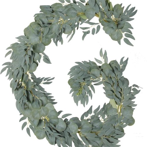 Grever 2 Pack Artificial Eucalyptus Garland with Willow Leaves Handmade Faux Greenery Garland 6.56 Feet for Wedding Backdorp Arch Wall Table Runner Decor Birthday Bridal Baby Shower Indoor Outdoor