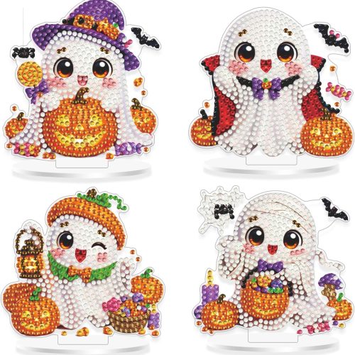 Aeepics DIY 4PCS Diamond Art Tabletop Kit for Adults Halloween Ghost Acrylic Desktop Mini Diamonds Painting Pack Kit Ornament Stand Up Diamond Art Painting Board Kits Pumpkin