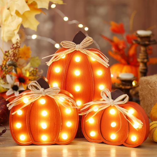3 Pcs Light up Fall Pumpkin Decor Table Centerpieces Wooden Pumpkin Block Sign Rustic Tiered Tray Decorations Standing for Autumn Harvest Farmhouse Fall Mantel Desk Office Party