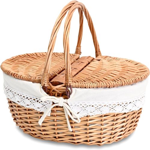 Wicker Picnic Basket with Removable Liner Empty Picnic Baskets with Lid, Picnic Hamper with Foldable Handles for Picnic 2, Natural Color, Large