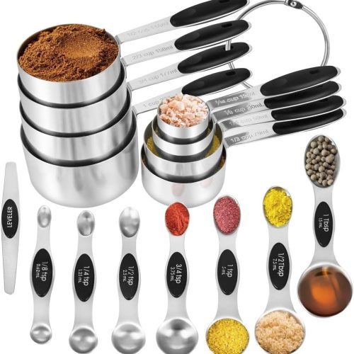 16 Pieces Measuring Cups and Magnetic Measuring Spoons Set Stainless Steel,8 Measure Cups with Silicone Handle and 7 Double Sided Magnetic Measure Spoons & 1 Leveler