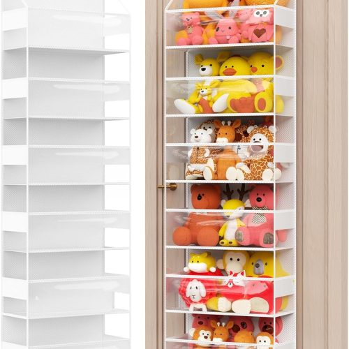Over Door Hanging Organizer with 6 Shelves, Stuffed Animal Storage - Behind Door Storage for Plush/Bedroom, Nursery, Dorm Room, 1 Pack (Clear white)