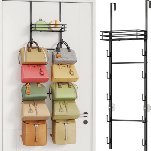 HapiRm Over The Door Purse Organizer - Wall Mounted Purse Rack with 10 Hooks and Metal Basket, Hanging Handbag Organizer Holds up to 10 Bags, Bag Rack Can Use As 1/2 Part, for Door, Closet (Black)