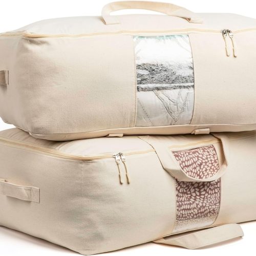 Soft Canvas Storage Bags with Zipper. Thick Breathable, 2pc King/Queen Comforter Organizer. Four Carrying Handles and Window. Large 25x19x9in Bag for Sheets Blankets Bedding Pillows, Clothes