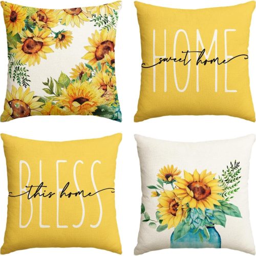 AVOIN colorlife Home Sweet Home Sunflower Throw Pillow Covers, 18x18 Inch Spring Summer Seasonal Decorations for Sofa Couch Set of 4
