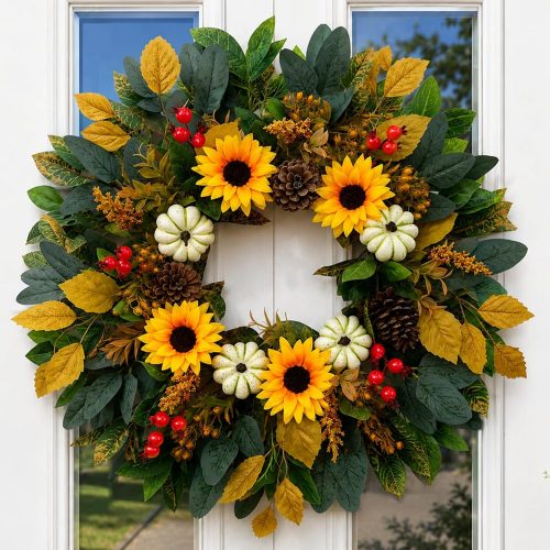 26 Inch Fall Sunflower Wreath for Front Door with White Pumpkins, Pinecones