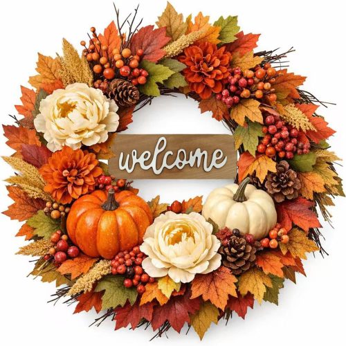 24 Inch Fall Wreaths for Front Door with Welcome Sign.