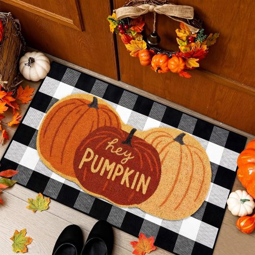 Lyrow 2 Pcs Fall Hey Pumpkin Welcome Doormat and Black White Plaid Door Mat