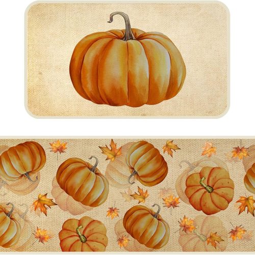 Bencailor Sets of 2 Fall Kitchen Rugs and Mats, Fall Kitchen Rug Non Slip Pumpkin Farmhouse Mats for Floor Door Home Bathroom Cabin Decor, 29 x 17 inch and 47 x 17 inch