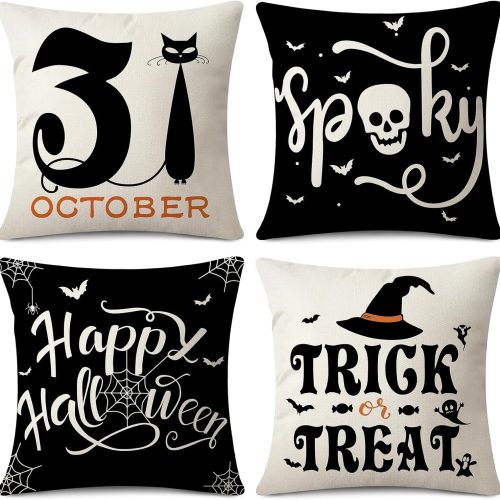 Halloween Pillow Covers 18 x 18 Set of 4 -Linen Print Thanksgiving Sofa Pillow Cover -Happy Halloween Cushion Case for Holiday Party Living Room Bedroom Home Fall Decorative