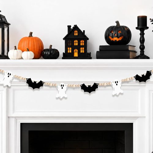 CTMCE01294CT_1 Halloween Decor Pre-Assembled Wooden Ghosts Bats Beads Garland 5.7FT