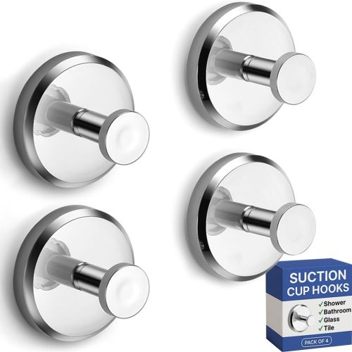 HOME SO Suction Cup Hooks for Shower & Bathroom Towel Holder 4-Pack Chrome