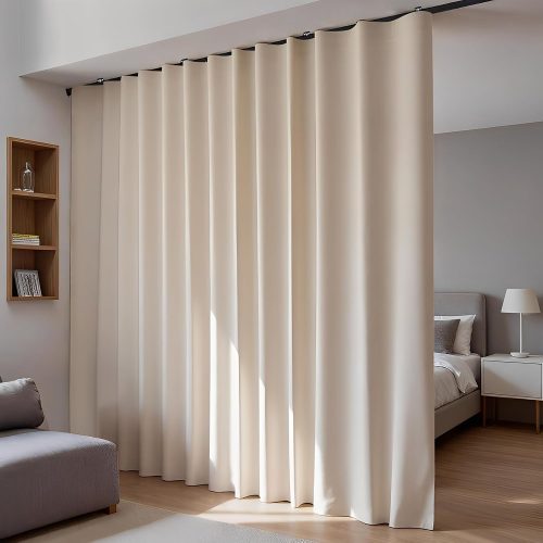 Room Divider Blackout Curtains Flexible Sliding Tracks Sets Ceiling Mounted Rod Window Curtain Privacy Separation for Bedroom Living Rooms,1 Panel Beige Drape and Black Track Set-W108xH96 in