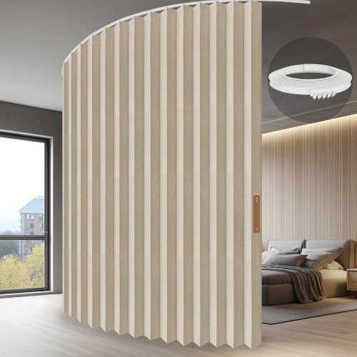 CTMCE01354CT_1 JILRON Accordion Folding Room Partition with Ceiling Track - Retractable Room Divider Curtain, Effortless Setup(Beige 100" W x 84" L-Pack of 1)