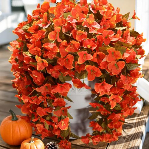 Bougainvillea Artificial Flowers Plants for Outdoors Outside Fall Autumn Decor, 2 pcs Faux Silk Long Trailing Vines UV Resistant Look Real Orange Fake Flowers for Front Door Porch Planter Urn Patio