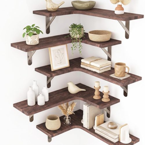 Fixwal Conner Shelves Wall Mounted for Decor, Walnut Brown Set of 5