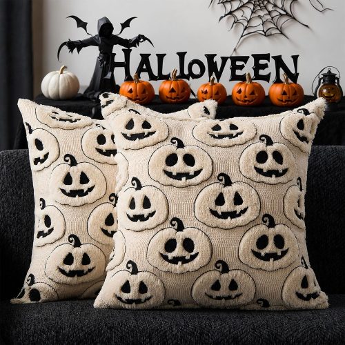 DFXSZ Fall Halloween Pillow Covers 18x18 Set of 2 Beige-Black Pumpkin Decor