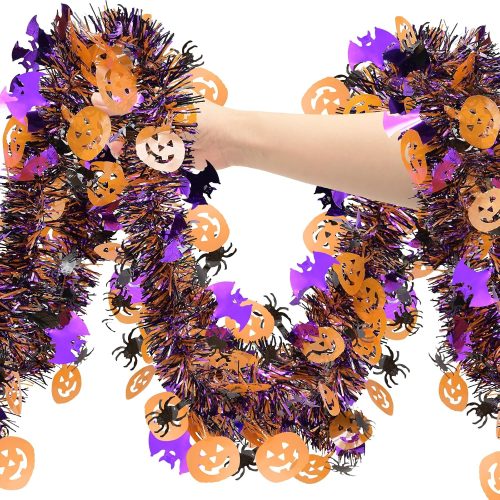 Halloween Decorations Tinsel Garland Outdoor, 33 FT Halloween Indoor Tree Decorations with Pumpkin Black Spider Purple Bat, Shiny Metallic Twist Garland for Home Party Decor