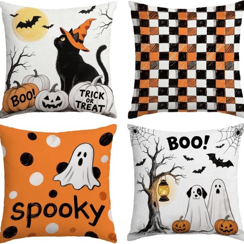 Halloween Ghost Pillow Covers 18x18 Inch,Set of 4 Vintage Halloween Decor Indoor Outdoor Throw Pillow Covers, Trick or Treat Orange Black Linen Cushion Case for Home Sofa Couch Bedroom Chair