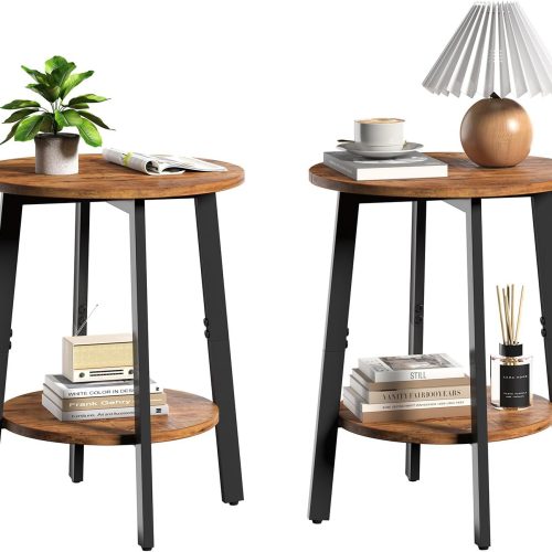 sthmec Side Table Set of 2, Small Round End Table with Storage Shelf for Small Space, 2-Tier Bedside Table Sofa Couch Table, Nightstands Set of 2 Accent Table for Living Room, Bedroom, Rustic Brown