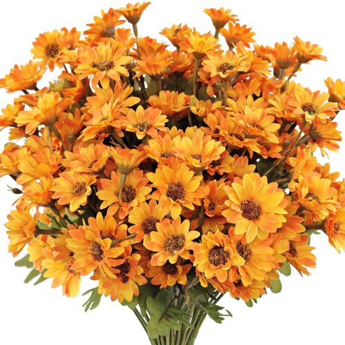 7 Bundles Fake Mums Artificial Fall Flowers for Outdoors Silk Daisy Floral Faux Mum Plants for Home Decor Indoor Outside Porch Pots Planters Potted Decorations (Orange)