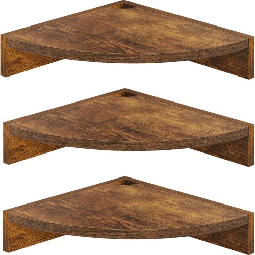 Fun Memories Corner Shelf Wall Mount, Wood Floating Corner Shelves, Corner Wall Shelf for Bedroom, Bathroom, Kitchen, Living Room (Brown, 3 Pack)
