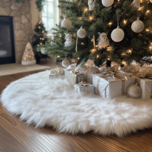 AISENO 48 Inch White Faux Fur Christmas Tree Skirt, Luxury Plush Tree Base Cover for Holiday Party and Home Christmas Decor