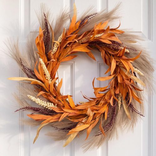 CTMCE01739CT_1 Perfnique Fall Wreath for Front Door, 18'' Autumn Wreath for Door Decor, Faux Pampas Wreath for Fall Decor, Boho Wall Decor, Farmhouse Pampas Grass Garland for Home Outdoor Thanksgiving Decoration