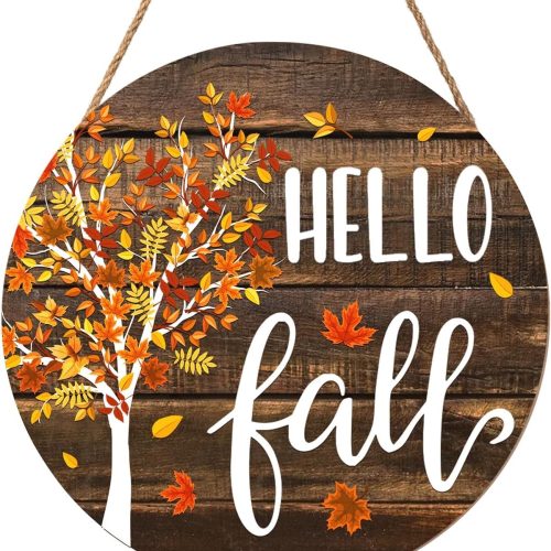 CTMCE01747CT_1 Hello Fall Wreath for Front Door Fall Tree Welcome Door Sign 12x12 Inch Autumn Maple Leaves Wood Door Hanger Farmhouse Thanksgiving Hanging Plaque for Home Porch Wall Indoor Outdoor Decorations