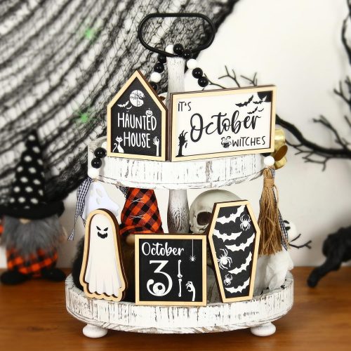 Halloween Decorations Indoor - 6 Pcs October 31 Sign Tiered Tray Decor, Haunted House, Bat, Ghost, Witches Beads - Indoor Centerpiece for Table Shelf