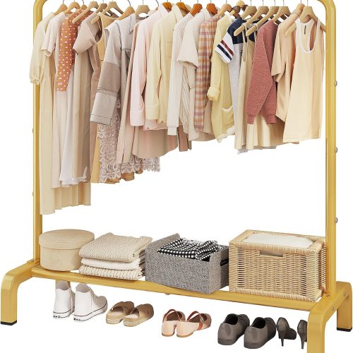 JIUYOTREE Metal 43.3 Inches Garment Rack with Bottom Shelf Clothing Rack for Hanging Clothes Coats Skirts Shirts Sweaters Gold