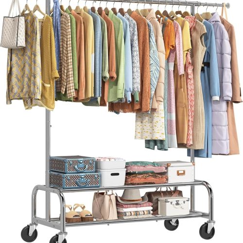 Simple Trending Heavy Duty Clothes Rack, Garment Rack with Extendable Side Rods & Bottom Shelves, 25mm Metal Clothing Rack with Wheels, Bedroom, Laundry Room, Silver