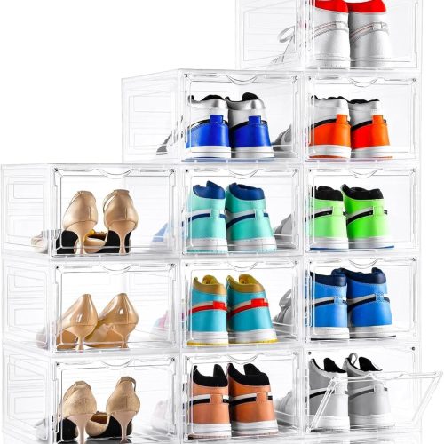 Clemate Upgraded X-Large Shoe Organizer,Shoe Storage Organizer,12 Pack,Shoe Box Clear Plastic Stackable,Drop Front Shoe Box with Clear Door, Shoe Containers For Sneaker Display,Fit up to US Size12