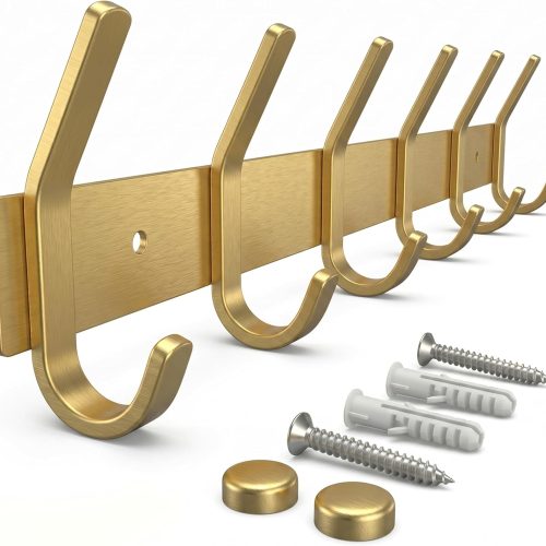 Brushed Gold Wall Mounted Coat Rack – 17 Inch Stainless Steel Rail with 6 Double Coat Hooks for Entryway, Bathroom, Bedroom, Kitchen – Modern Gold Hook Rack for Coats, Hats, Towels