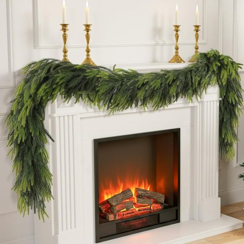 N&T NIETING 9FT Christmas Norfolk Pine Garland Real Touch Artificial Greenery Garlands Faux Winter Garland for Mantle Fireplace Table Stair Front Door Indoor Outdoor Holiday Xmas Decorations (1 Pcs)