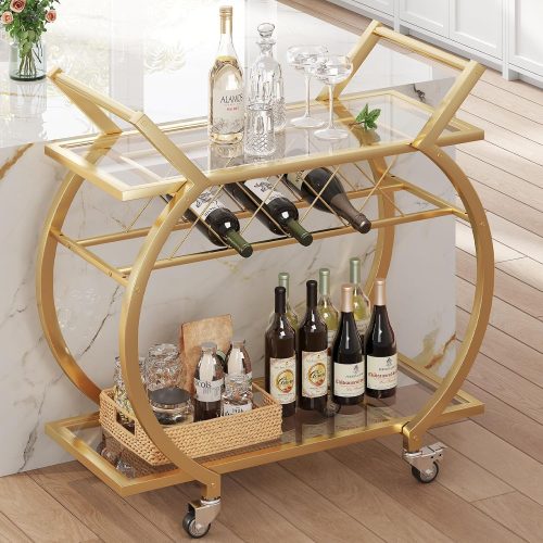 LVB Gold Bar Cart with Glass, Bar Cart with Wheels, Wine Cart with Storage