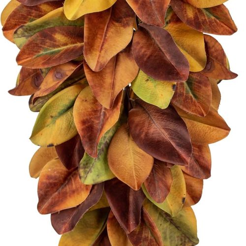 CTPAR-S-193_1 Autumn Foliage Teardrop Swag for Front Door – 27" Artificial Magnolia Leaf Garland Hanging Decoration – Fall Door, Thanksgiving Mantel & Wall Décor