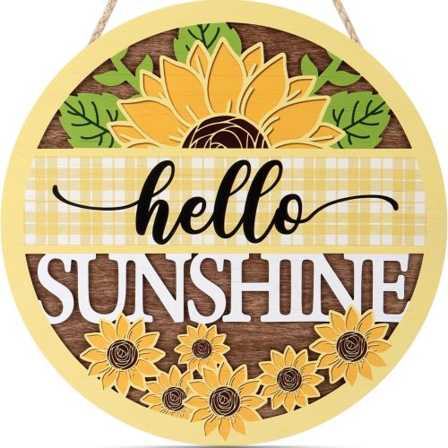 CHDITB 3D Hello Sunshine Sunflower Door Sign Wreath Decor 12x12 inch