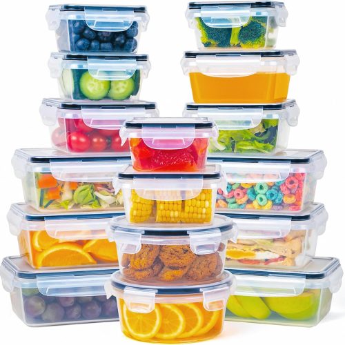 FOOYOO 32 Piece Food Storage Container with Lids (16 Containers + 16 Lids) - Plastic Food Containers with Lid, Airtight Leak Proof Snap Lock, BPA Free Storage Containers